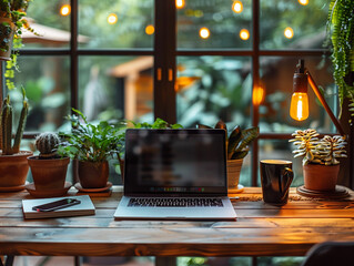 Espace de travail contemporain et cosy avec ordinateur portable et smartphone