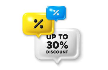 Discount speech bubble offer 3d icon. Up to 30 percent discount. Sale offer price sign. Special offer symbol. Save 30 percentages. Discount tag discount offer. Speech bubble sale banner. Vector