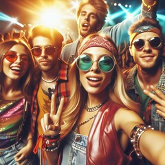 Happy group of young friends taking selfie and dancing in front of stage. Freedom. Outdoor music event. Party. Disco. Evening. Night. Festival. Drunk. High. Generative AI
