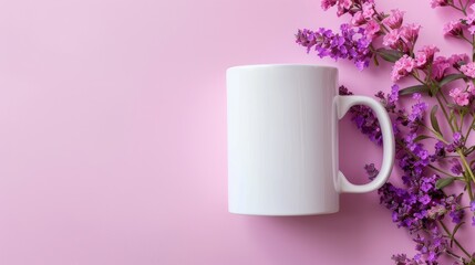 a white mug mockup adorned with purple flowers, positioned on the right side of a flat lay composition against a pastel background in natural light.
