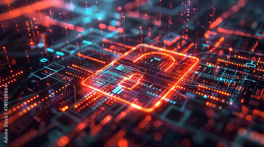 Poster 3d rendering of pad lock logo on glow futuristic hud interface background. concept of business secur