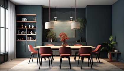 Elegant Scandinavian style dining room design with dark walls and wood and simple lights.