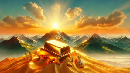 A gleaming gold bar on the top of a mountain