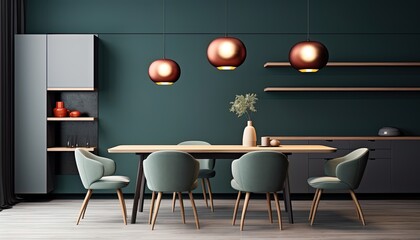 Elegant Scandinavian style dining room design with dark walls and wood and simple lights.