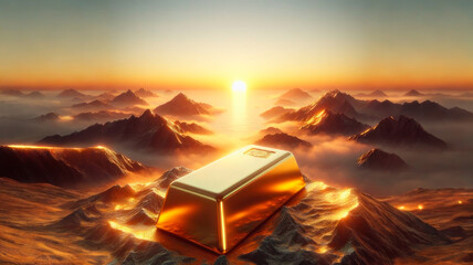A gleaming gold bar on the top of a mountain