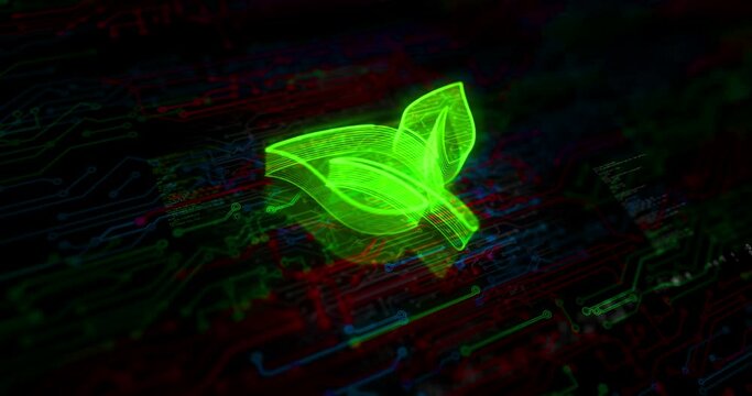 Eco friendly carbon neutral technology with ecology leaf colored symbol concept. Network, cyber technology and computer background abstract 3d animation.