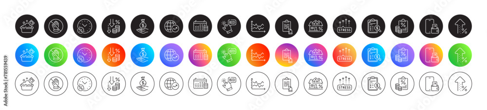Poster accounting report, diagram chart and tax document line icons. round icon gradient buttons. pack of c