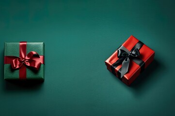 Red gift box with a wide ribbon adjusting and ending with a big bow on a dark surface.