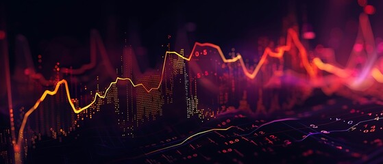 Financial stock market graph with upward trending lines candlestick chart representing growth in financial forex trading market on widescreen black background. Generative AI