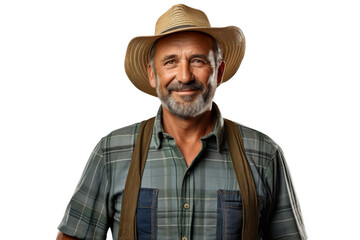 Portrait studio shot of mature senior Farmer man weaning straw hat isolated on transparent png background, person look at camera, agriculture worker.
