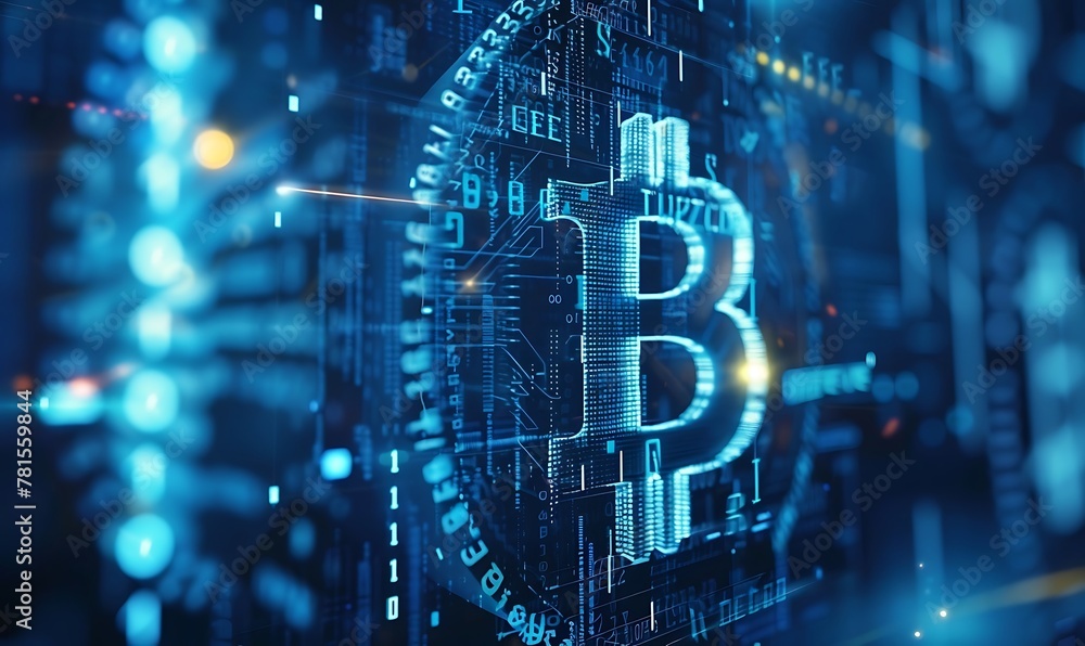 Aufkleber glowing blue bitcoin crypto currency displayed on the screen. blue bitcoin symbol. illustration of d