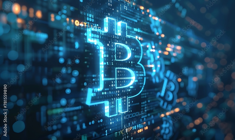 Poster glowing blue bitcoin crypto currency displayed on the screen. blue bitcoin symbol. illustration of d