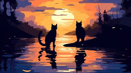 drawing of two cats backlit in a pond during sunset or sunrise