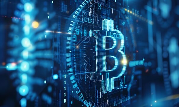 Glowing blue bitcoin crypto currency displayed on the screen. Blue bitcoin symbol. Illustration of digital crypto currency bitcoin made up of dots, lines and binary code, geometric big bitcoin icon