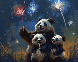 Panda family enjoying a Fourth of July fireworks show, with colorful bursts faintly illuminating a night sky turned white