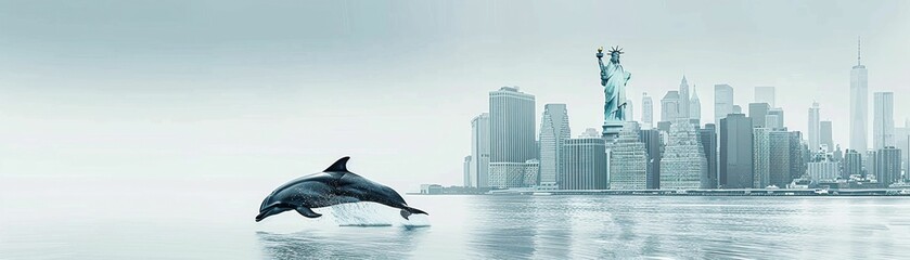 Playful dolphins leaping near the Statue of Liberty, iconic cityscape softly blurred into a clean white canvas