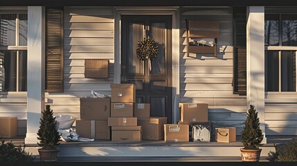 a home front porch overwhelmed by a chaotic stack of boxes, depicting the frenzy of deliveries and modern living. - obrazy, fototapety, plakaty