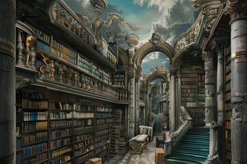 A library of Babel straddling heaven and hell, with AI guardians curating endless stories of sin and virtue on paper
