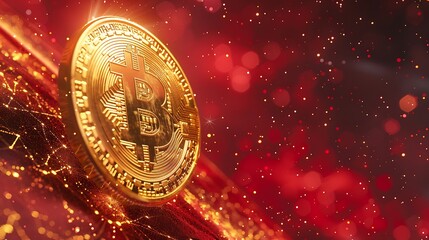 A golden bitcoin crypto - currency with the bitcoin symbol is flying in space, isolated on red background.