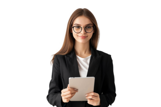 Studio portrait company worker beautiful young Caucasian woman with an attractive smile wearing casual outfits and holding digital tablet, isolated on transparent png background.