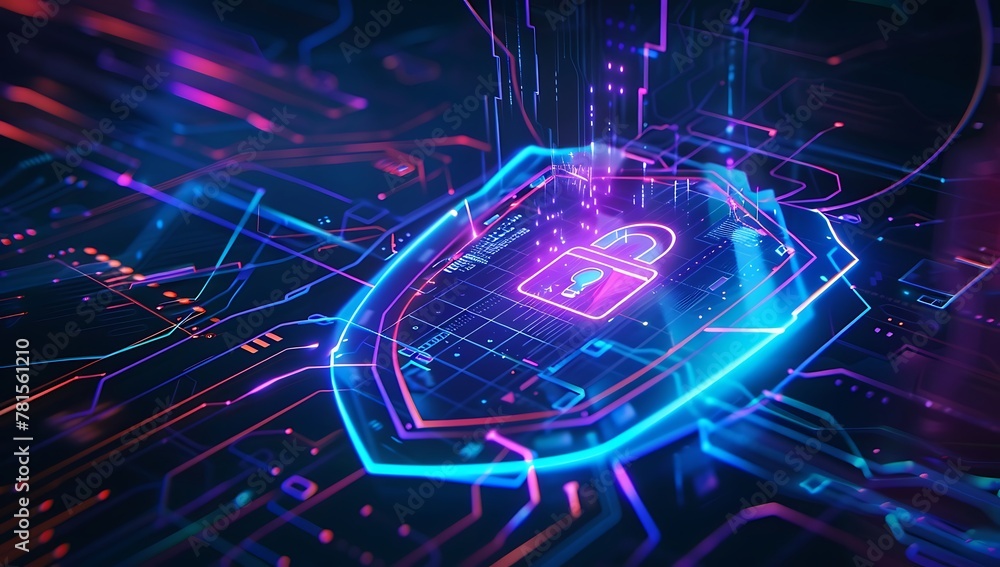 Poster 3d rendering of red shield logo on glow circuit hud background. concept of business security. corpor