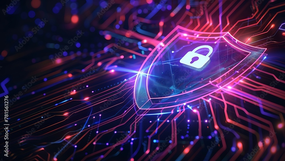 Poster 3d rendering of red shield logo on glow circuit hud background. concept of business security. corpor