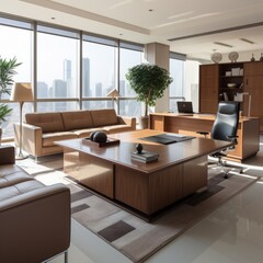 Modern office interior with large windows and city view