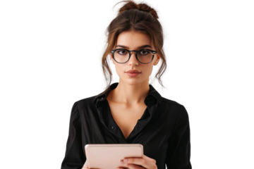 Studio portrait company worker beautiful young Caucasian woman with an attractive smile wearing casual outfits and holding digital tablet, isolated on transparent png background.