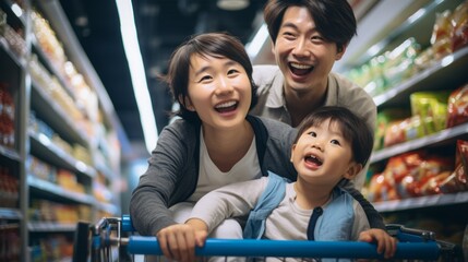 Fototapeta premium Happy family shopping in supermarket with child sitting in shopping cart