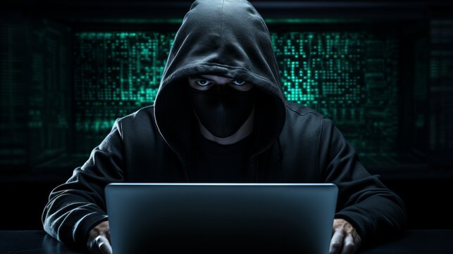A hacker wearing a mask and hoodie is sitting in front of a laptop in a dark room with a green circuit board in the background