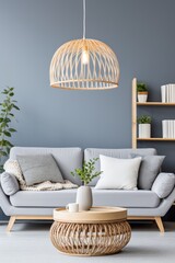 A stylish living room with a gray sofa, a wooden coffee table, and a wicker lampshade