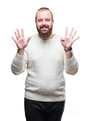 Naklejka premium Young caucasian hipster man wearing winter sweater over isolated background showing and pointing up with fingers number nine while smiling confident and happy.