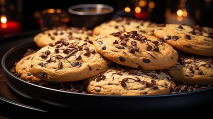 Close-up of chocolate chip cookies on a black plate