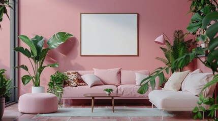 Living Room With Pink Couch and Potted Plants