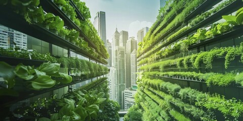 Revolutionizing urban agriculture with AI-driven vertical farms employing aeroponics in high-rise settings. - obrazy, fototapety, plakaty