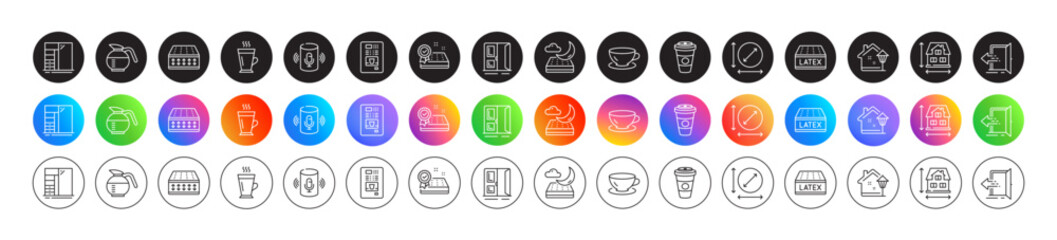 Open door, Street light and House dimension line icons. Round icon gradient buttons. Pack of Night mattress, Flexible mattress, Takeaway coffee icon. Vector