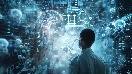 human robot, artificial intelligence, business intelligence, scientific symbols and laboratory equipment, neural networks, science fiction,  technology and anatomy,