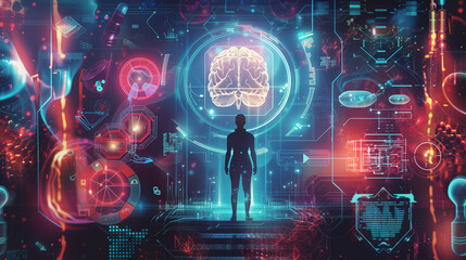 human robot, artificial intelligence, business intelligence, scientific symbols and laboratory equipment, neural networks, science fiction,  technology and anatomy,