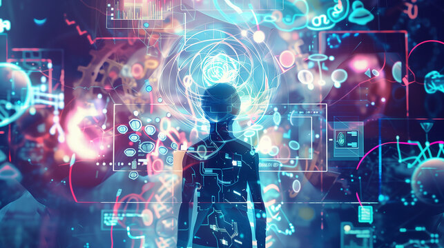 human robot, artificial intelligence, business intelligence, scientific symbols and laboratory equipment, neural networks, science fiction,  technology and anatomy,