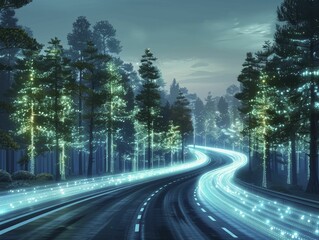 Bioluminescent trees on smart highways brighten roads using natural light, creating a mesmerizing nighttime spectacle. - obrazy, fototapety, plakaty