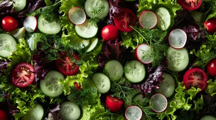 Fresh salad with tomatoes, cucumbers, and radishes - obrazy, fototapety, plakaty
