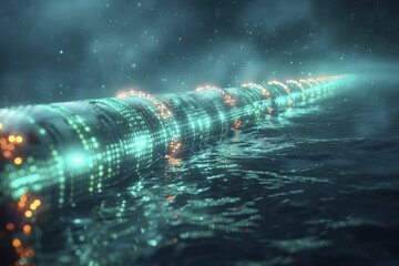 Deep sea internet cables with bioluminescent markers, visualized at oceanic depths. - obrazy, fototapety, plakaty