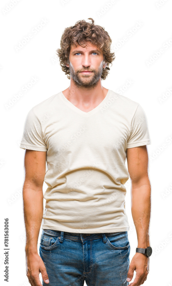 Poster Handsome hispanic model man over isolated background with serious expression on face. Simple and natural looking at the camera.