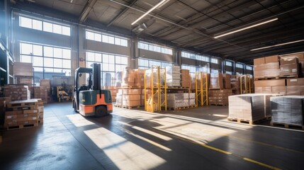 A forklift in a warehouse full of boxes - obrazy, fototapety, plakaty