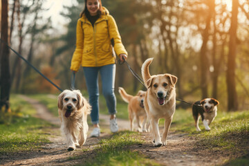 A woman is walking her dogs on a trail. The dogs are all different sizes and breeds. The woman is wearing a yellow jacket and has a leash in her hand. The dogs are all on leashes