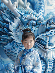 Close-up, a 5-year-old cute Chinese girl, dressed in Han clothes with blue and white porcelain elements, standing in front of a huge blue and white porcelain dragon.