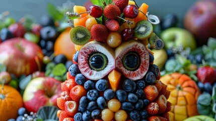 A fruit owl made of strawberries, blueberries, kiwi, and other fruits - obrazy, fototapety, plakaty