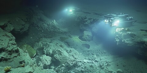 Fototapeta na wymiar Ocean floor mining robots near thermal vents, illuminated by submarine lights.