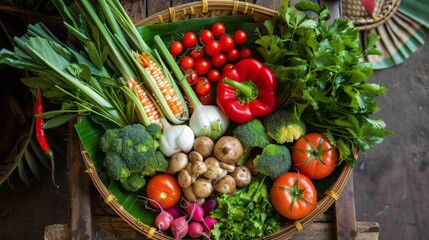 Table featuring a variety of fresh vegetables in baskets