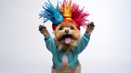 A happy dog wearing a colorful hat and jacket